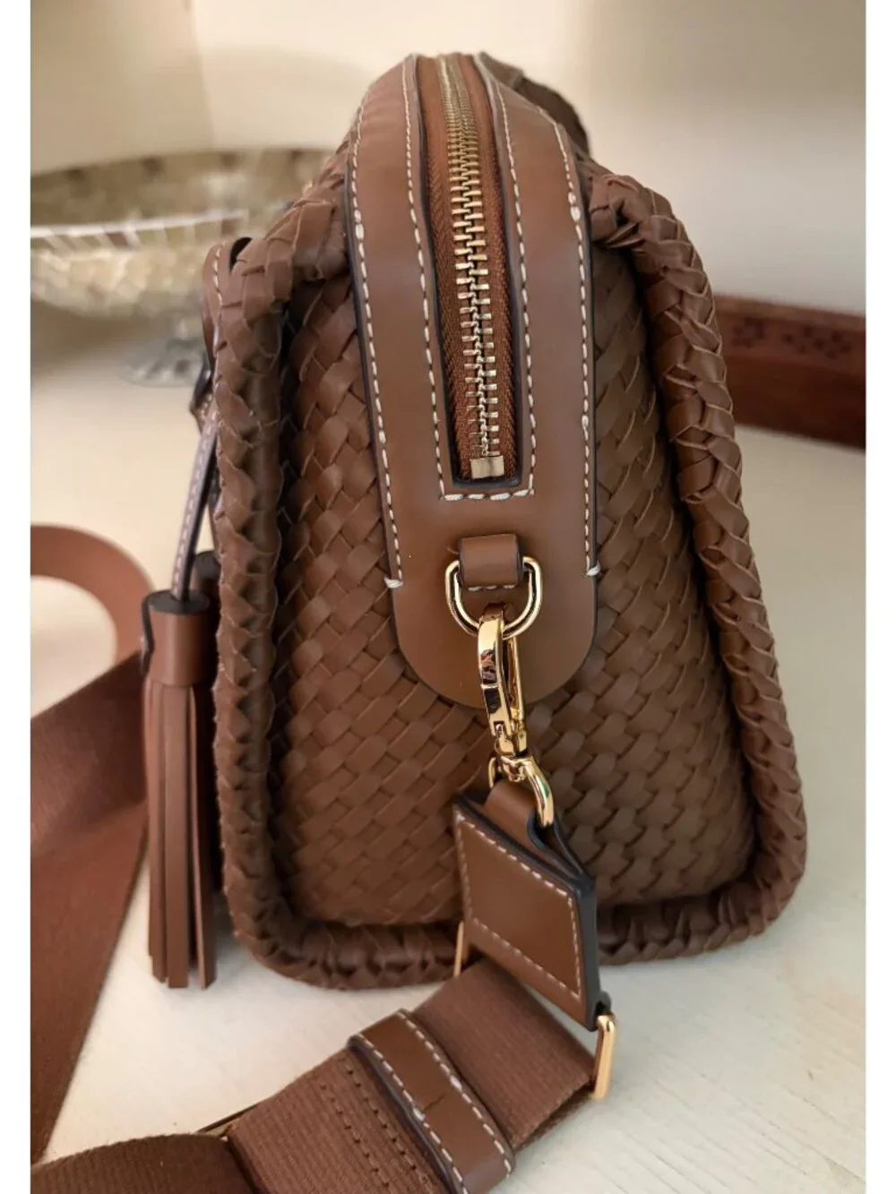 Tory Burch Thea Woven Leather McGraw Web Small Satchel Handbag Wide Crossbody Sh - Picture 5 of 16